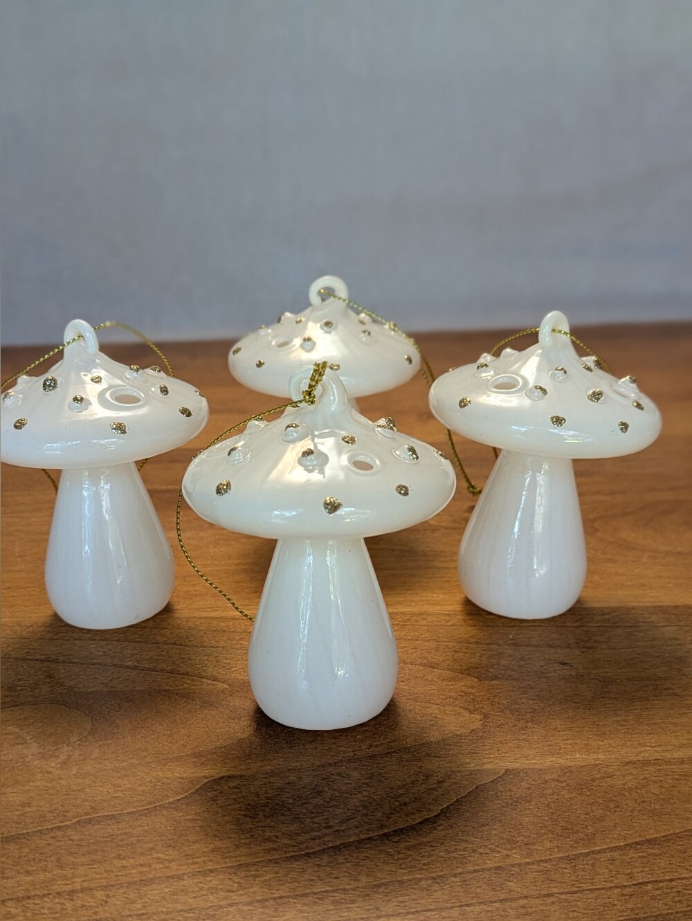 White Glass Mushroom Ornaments with Gold Dots - Set of 4